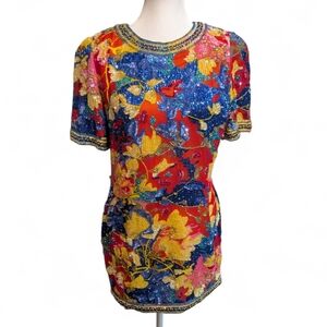 Vintage Black Tie Oleg Cassini Silk Beaded Sequin Floral Cocktail Dress Size 6